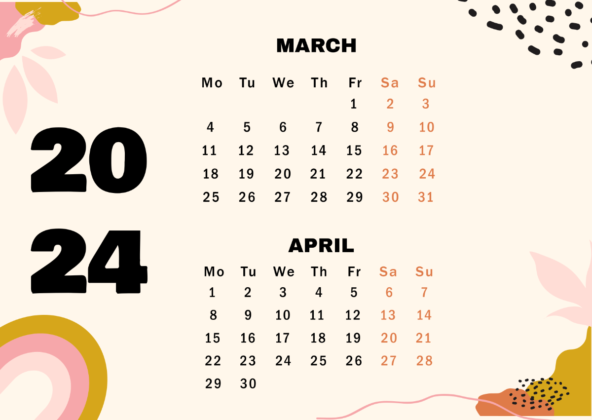 Free March April 2024 Calendar Template