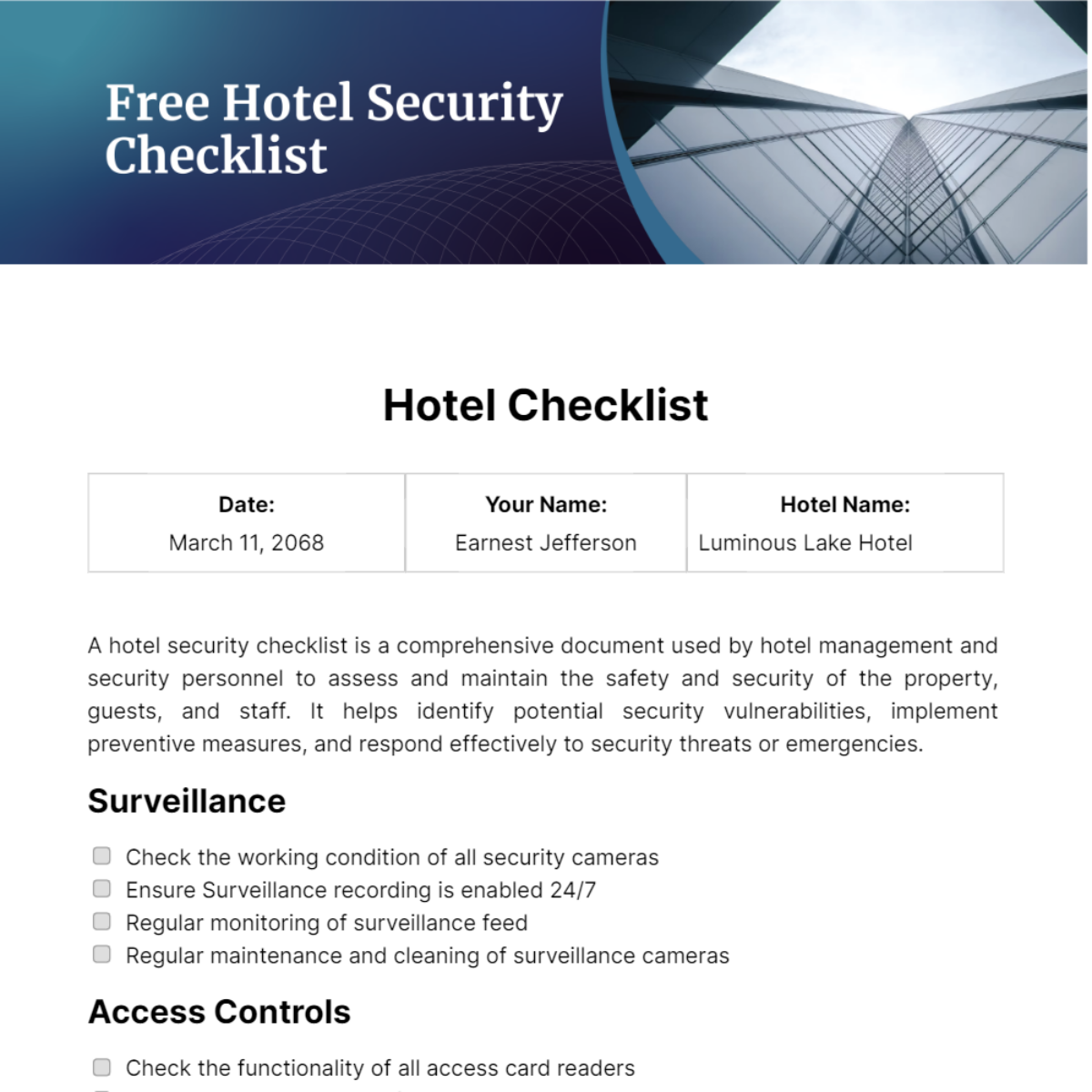 Free Hotel Security Checklist Template