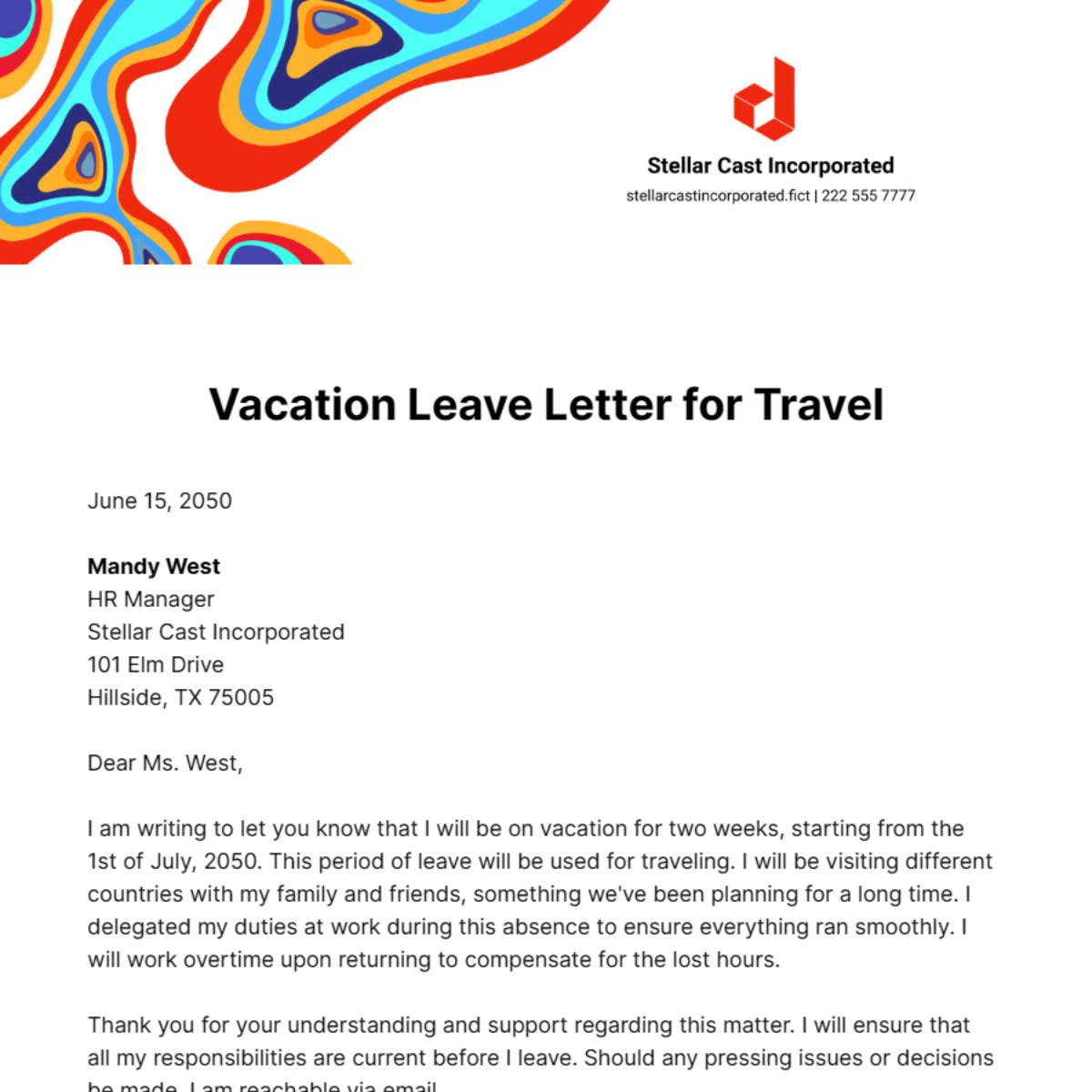 Vacation Leave Letter for Travel Template