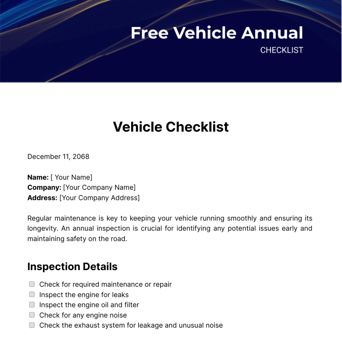 Free Vehicle Annual Checklist Template
