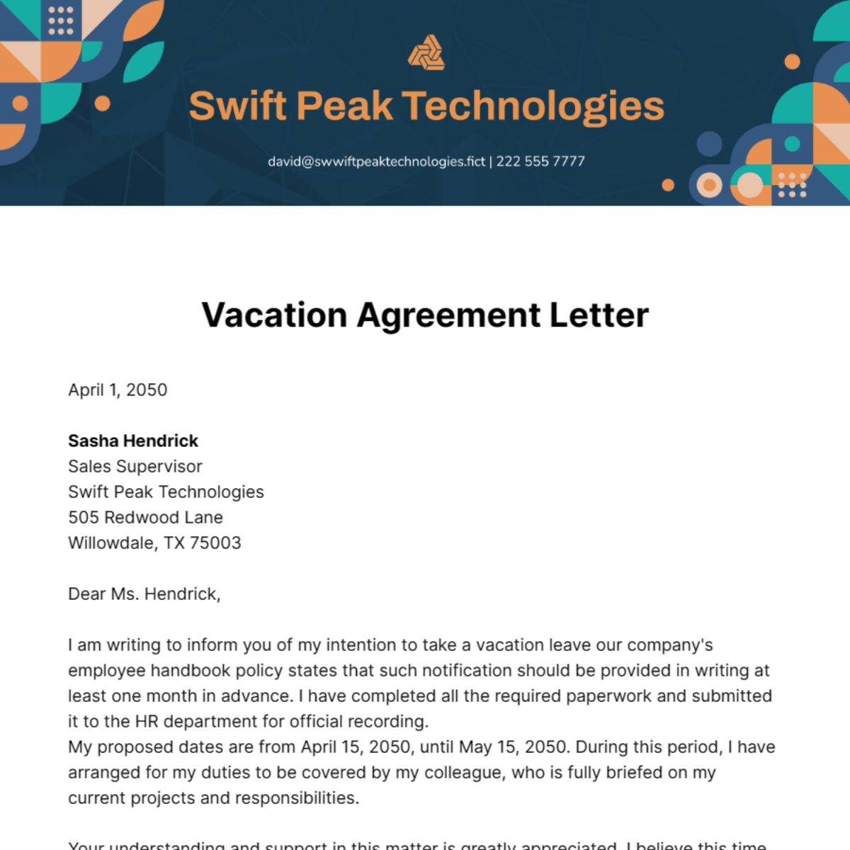 Vacation Agreement Letter Template