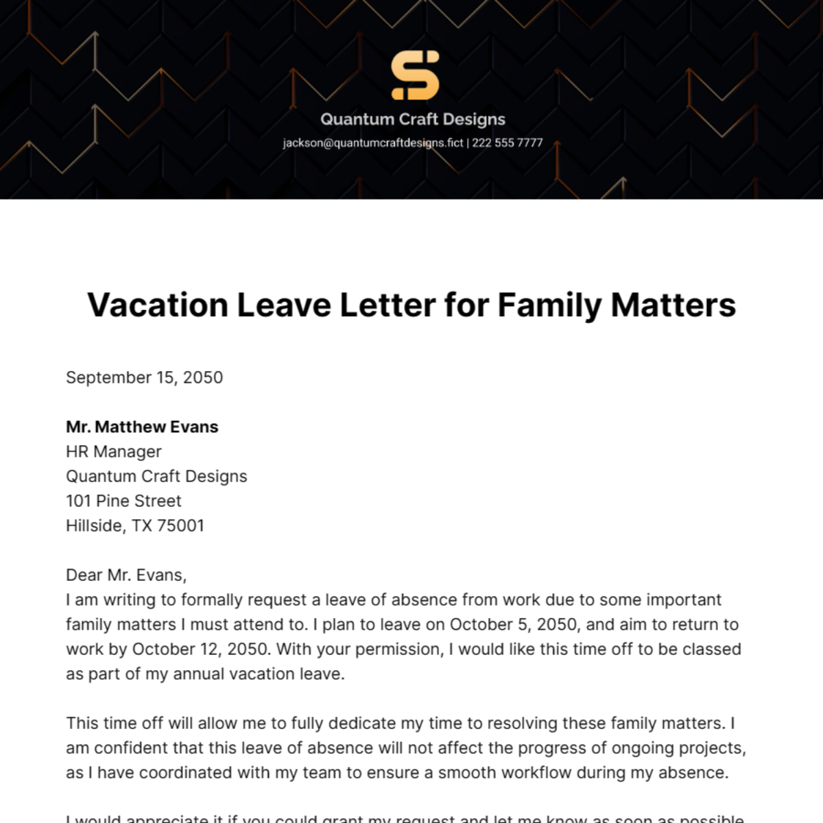 Vacation Leave Letter for Family Matters Template