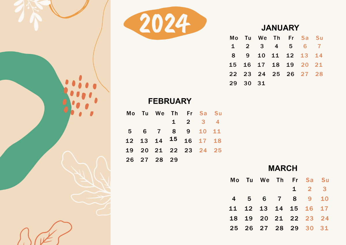 January to March 2024 Calendar Template