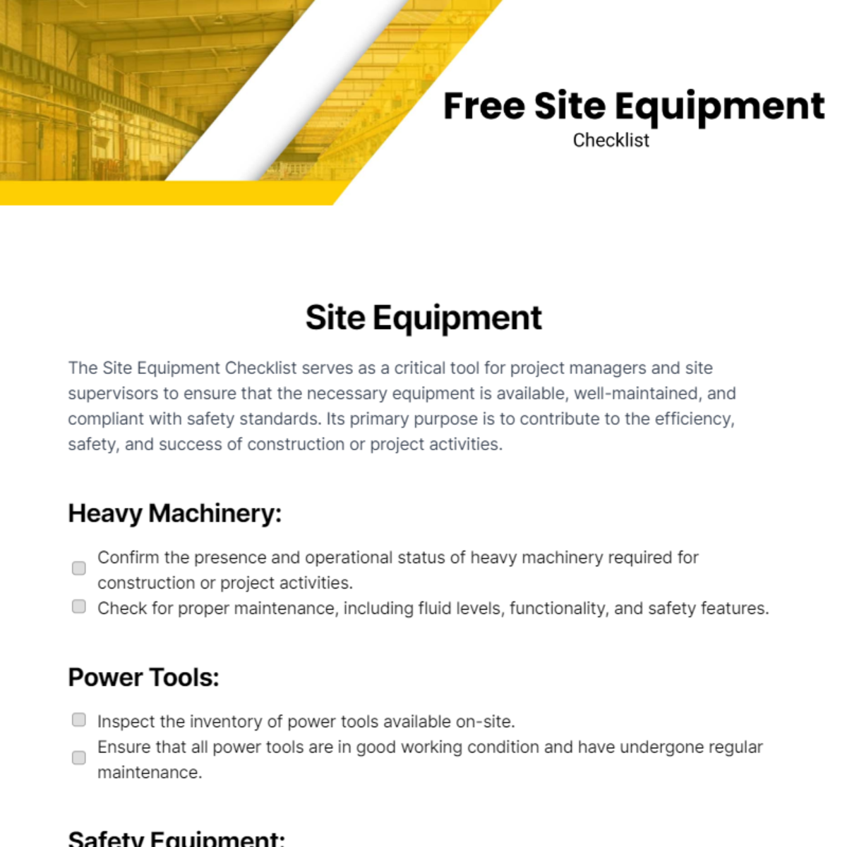 Site Equipment Checklist Template