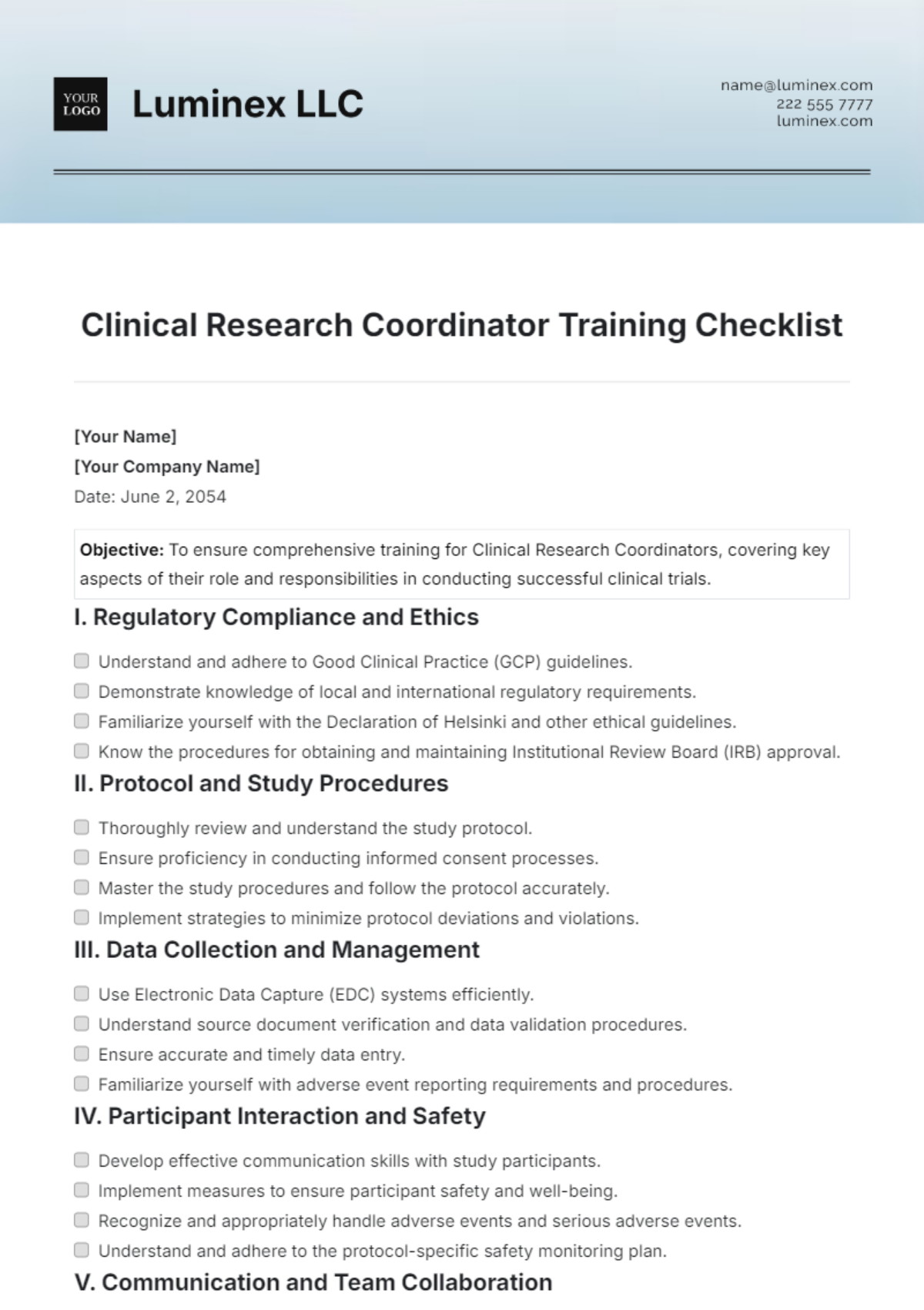 Clinical Research Coordinator Training Checklist Template - Edit Online & Download