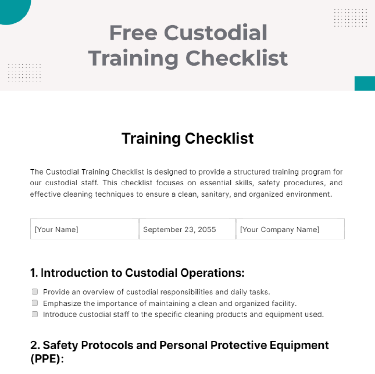 Custodial Training Checklist Template