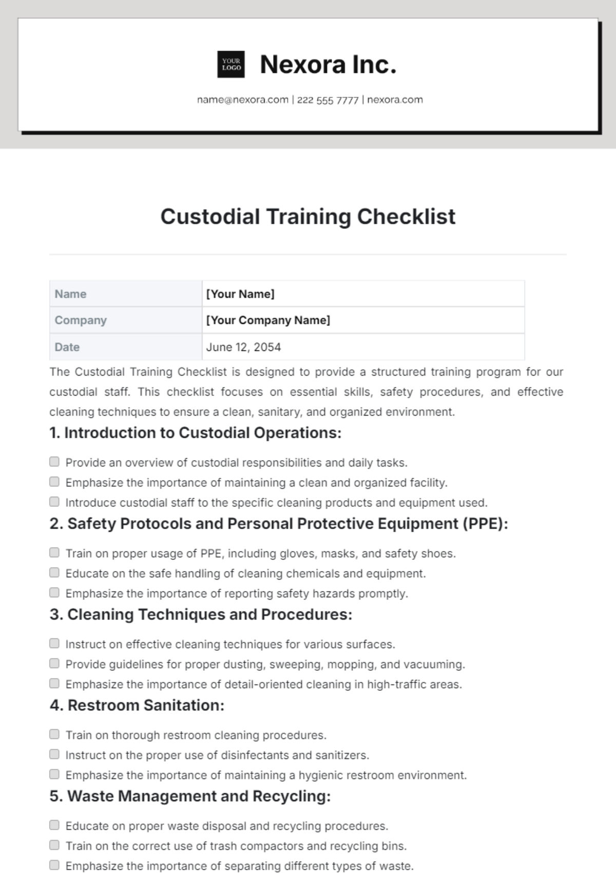 Custodial Training Checklist Template - Edit Online & Download