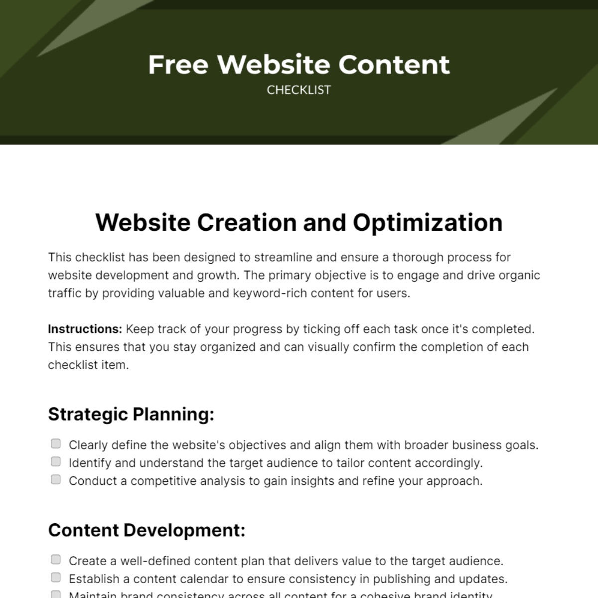 Free Website Content Checklist Template