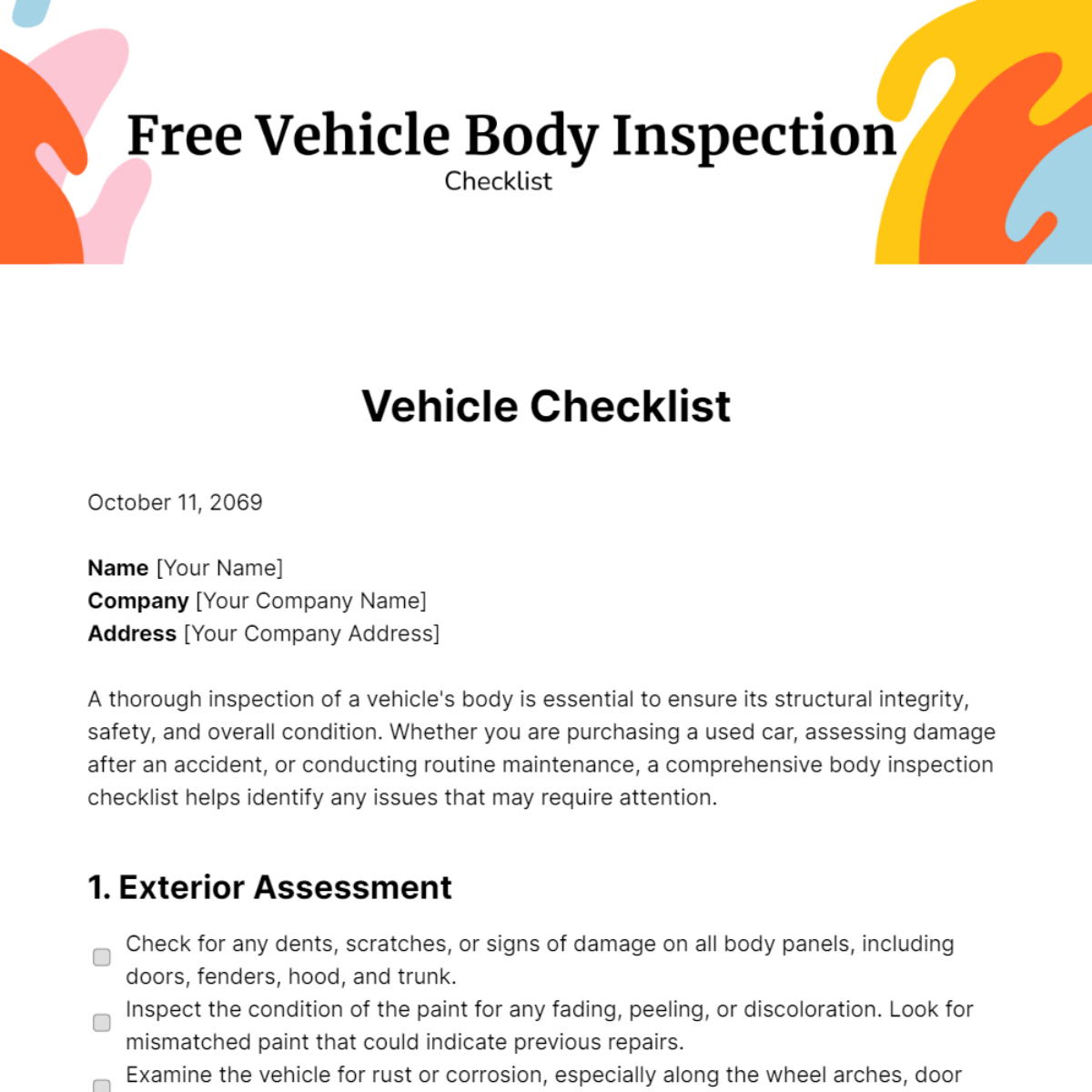 Vehicle Body Inspection Checklist Template