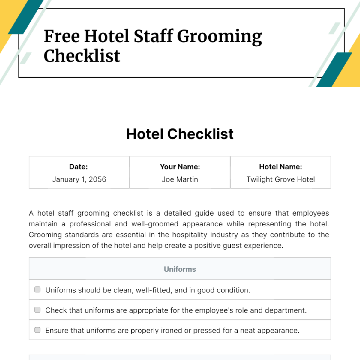 Free Hotel Staff Grooming Checklist Template