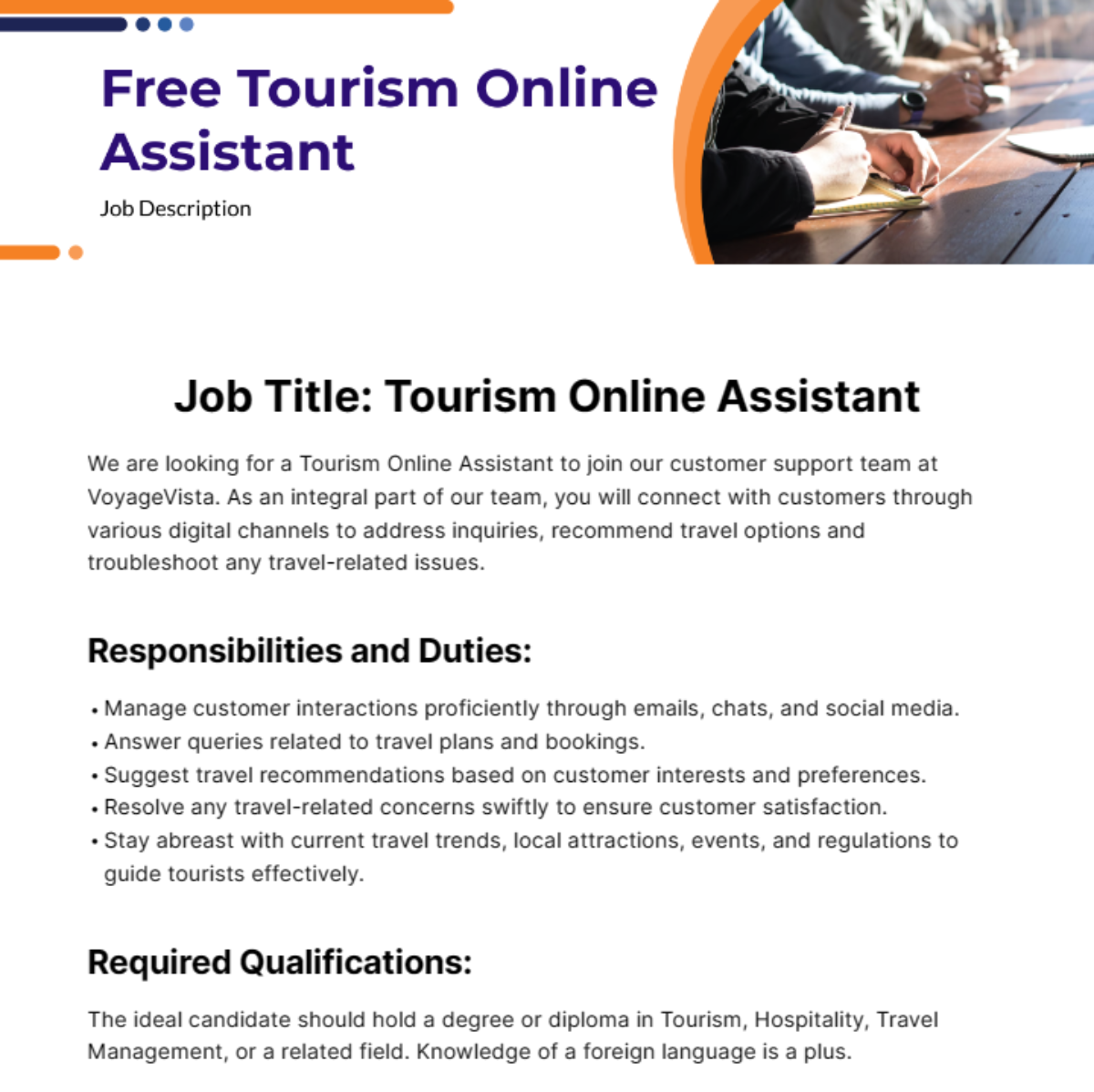 Free Tourism Online Assistant Job Description Template
