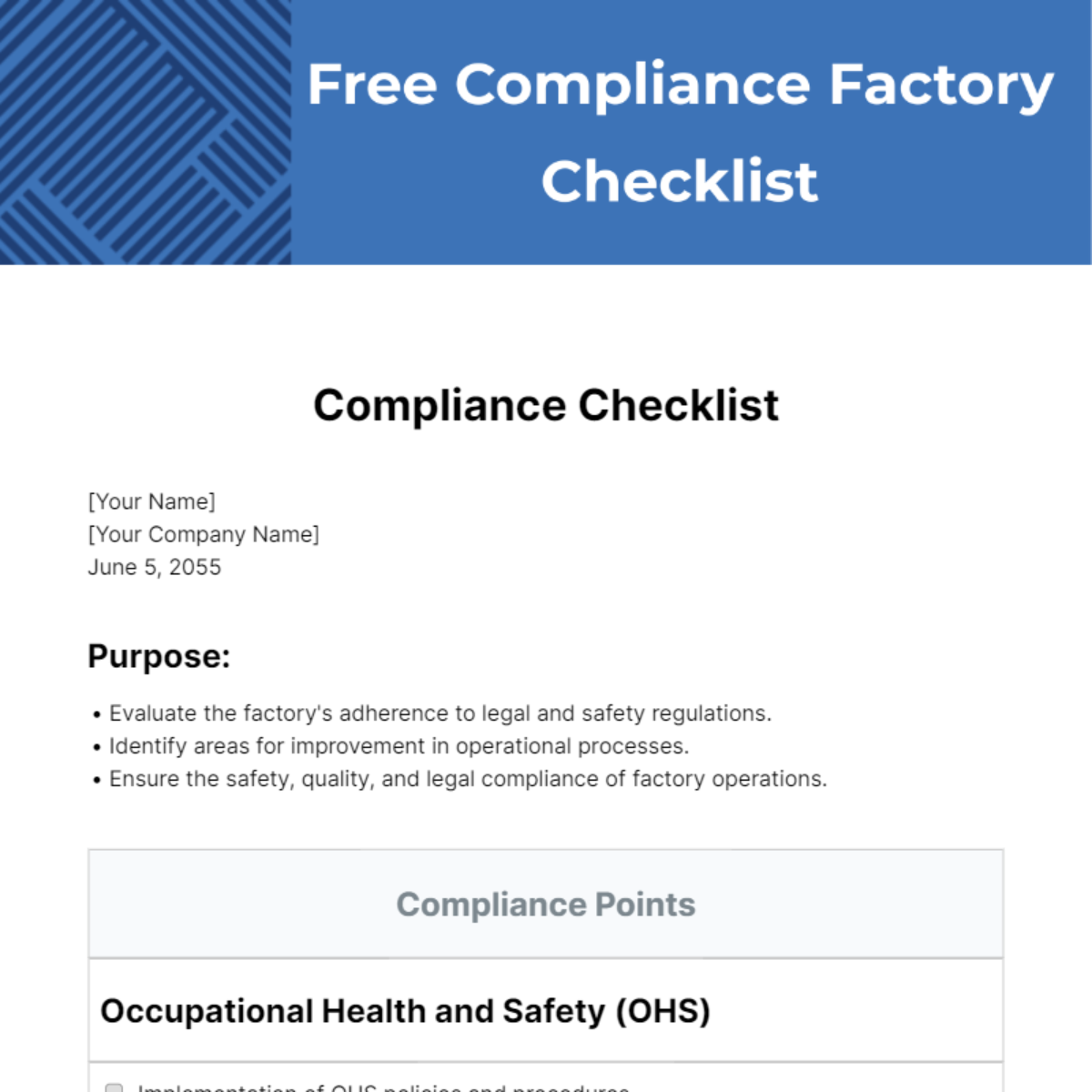 Compliance Factory Checklist Template