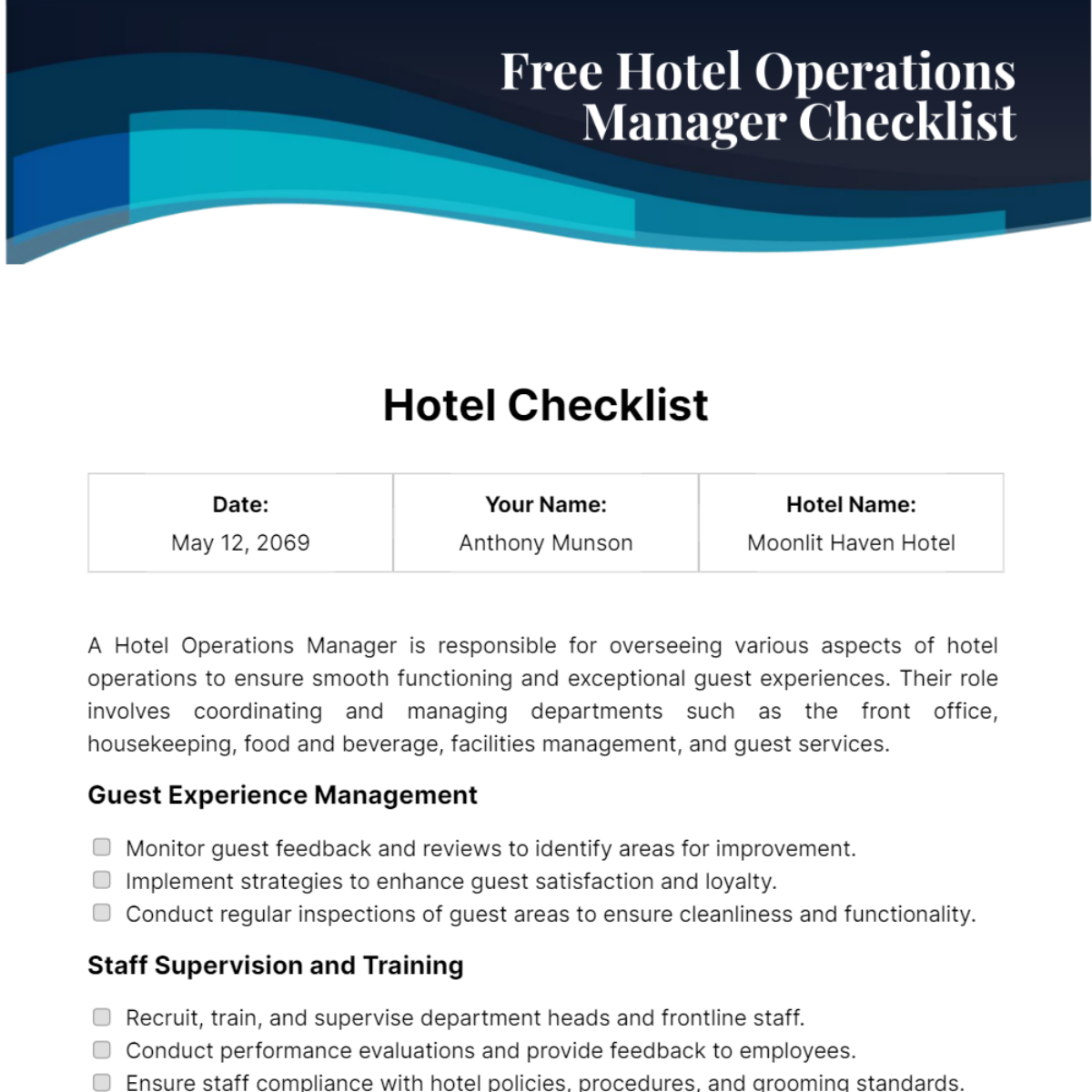 Hotel Operations Manager Checklist Template