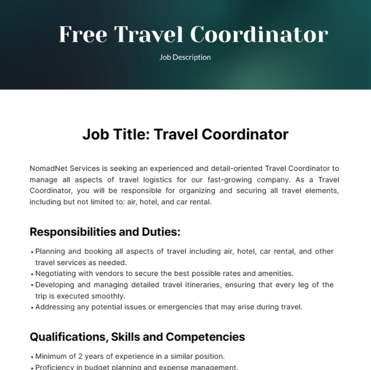 Free Travel Coordinator Job Description Template