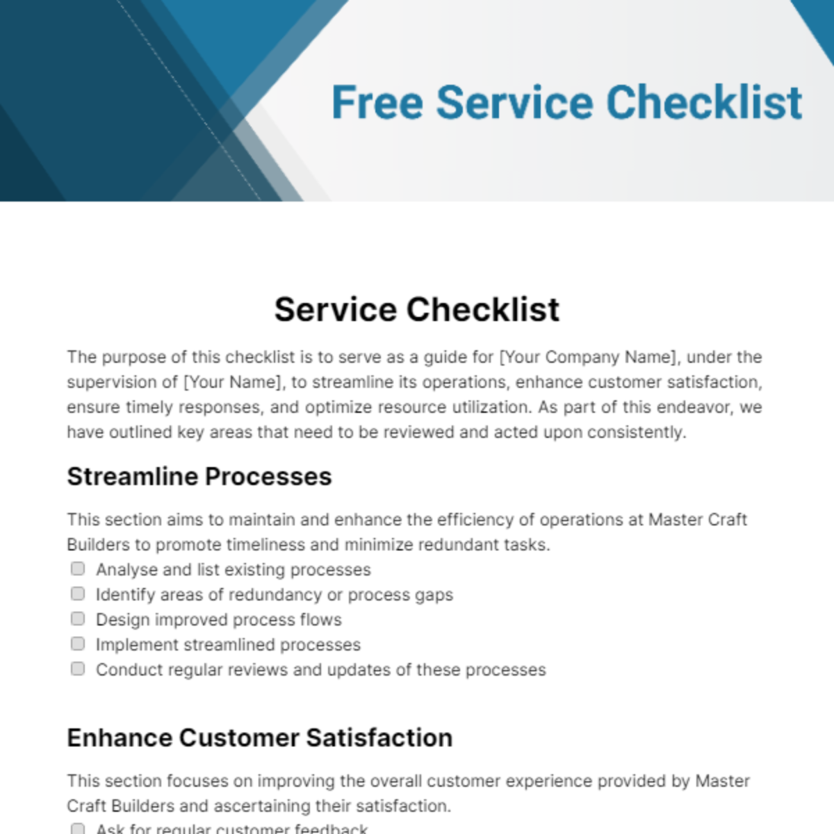Free Service Checklist Template