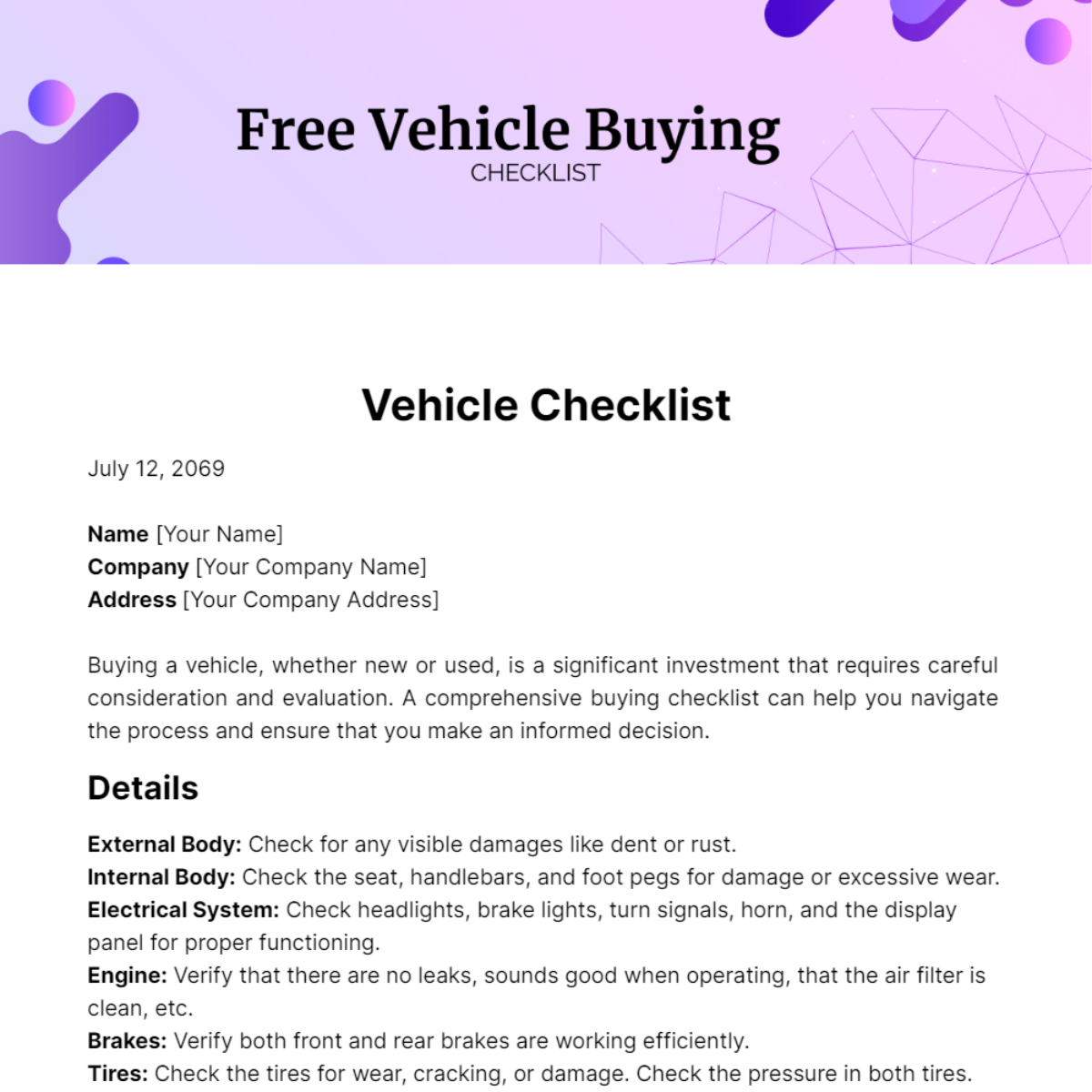 Vehicle Buying Checklist Template