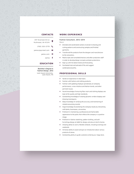 Fashion Consultant Resume Template - Word, Apple Pages | Template.net