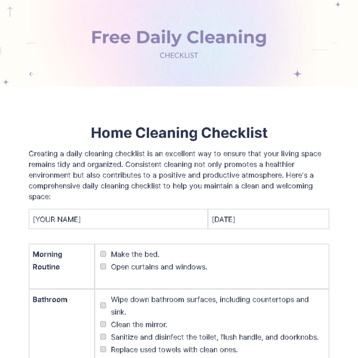 Daily Cleaning Checklist Template