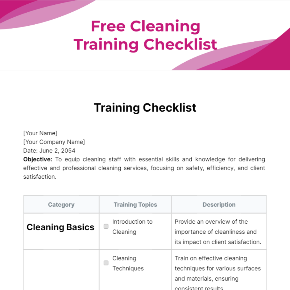 Cleaning Training Checklist Template