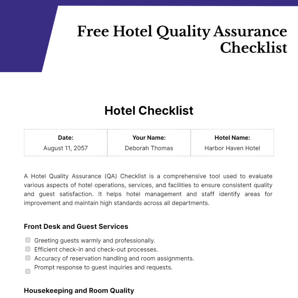 Free Hotel Quality Assurance Checklist Template 