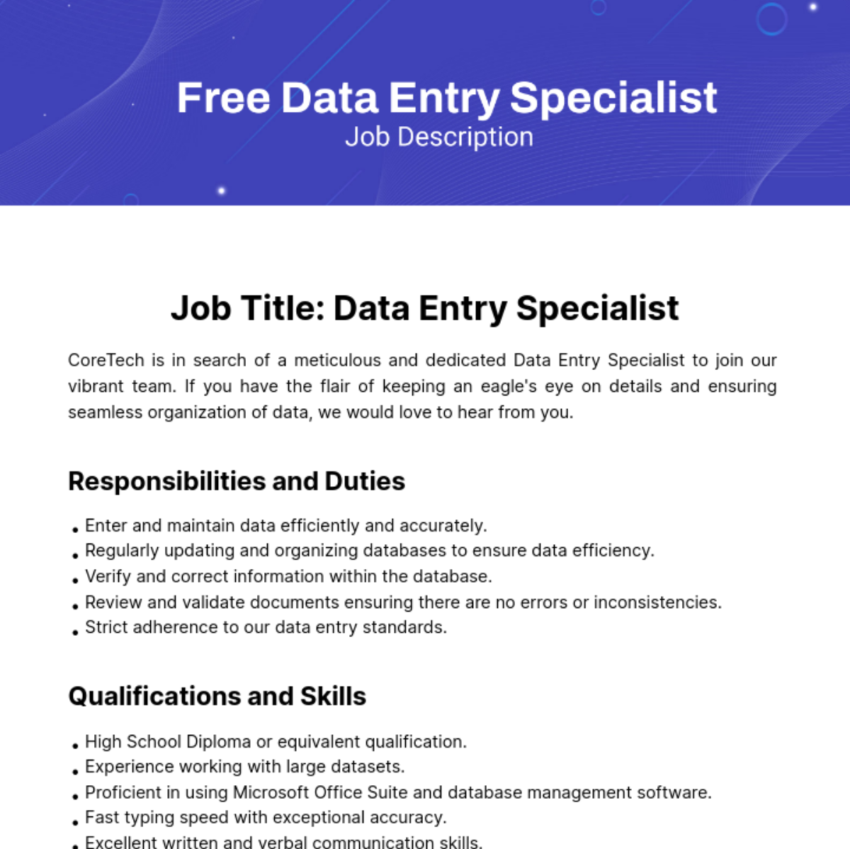 Free Data Entry Specialist Job Description Template
