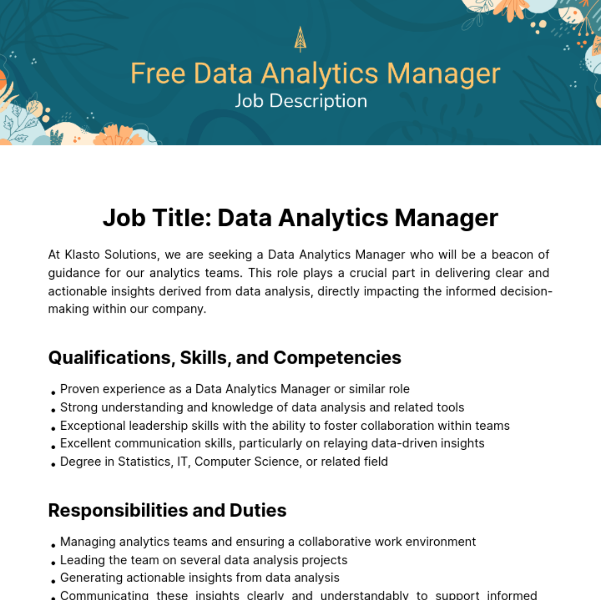 Free Data Analytics Manager Job Description Template