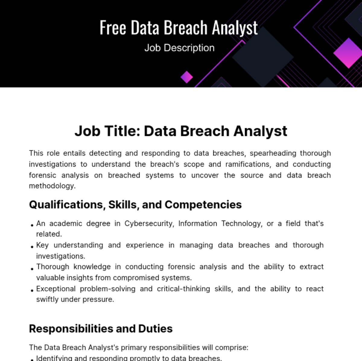 Free Data Breach Analyst Job Description Template