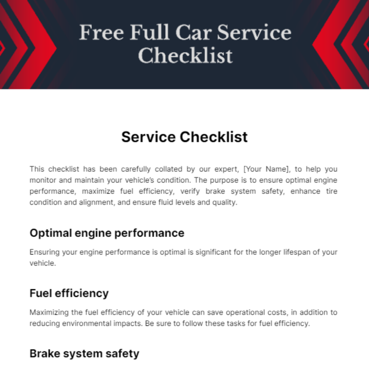 Free Full Car Service Checklist Template