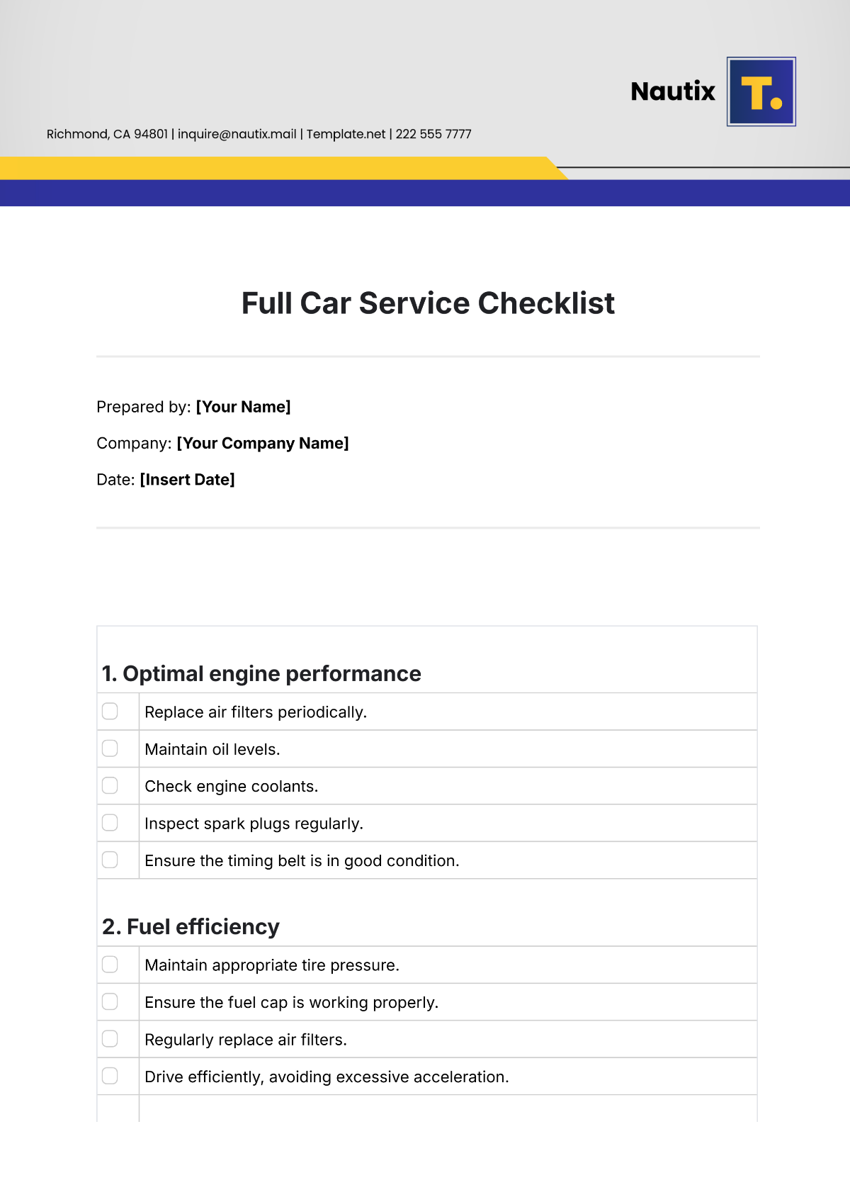 Full Car Service Checklist Template - Edit Online & Download