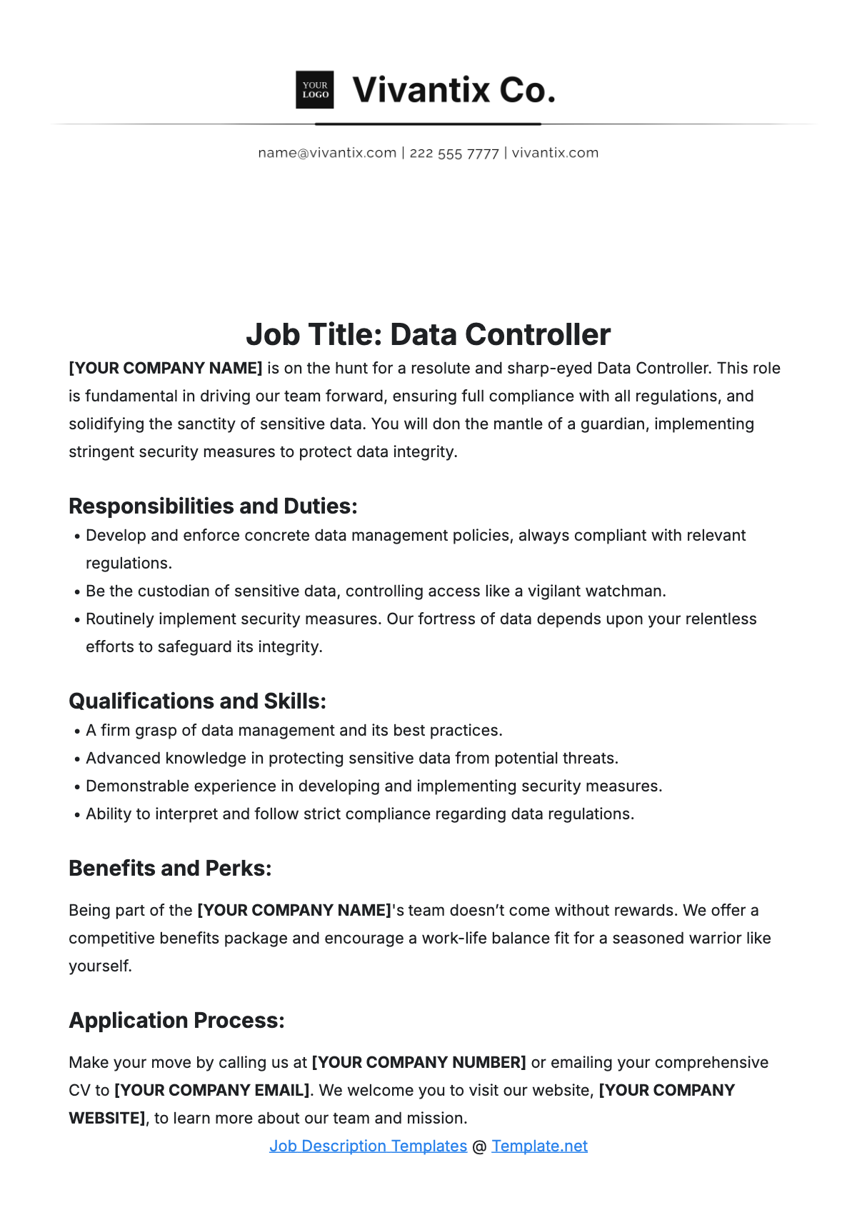 Data Controller Job Description Outline Template - Edit Online & Download