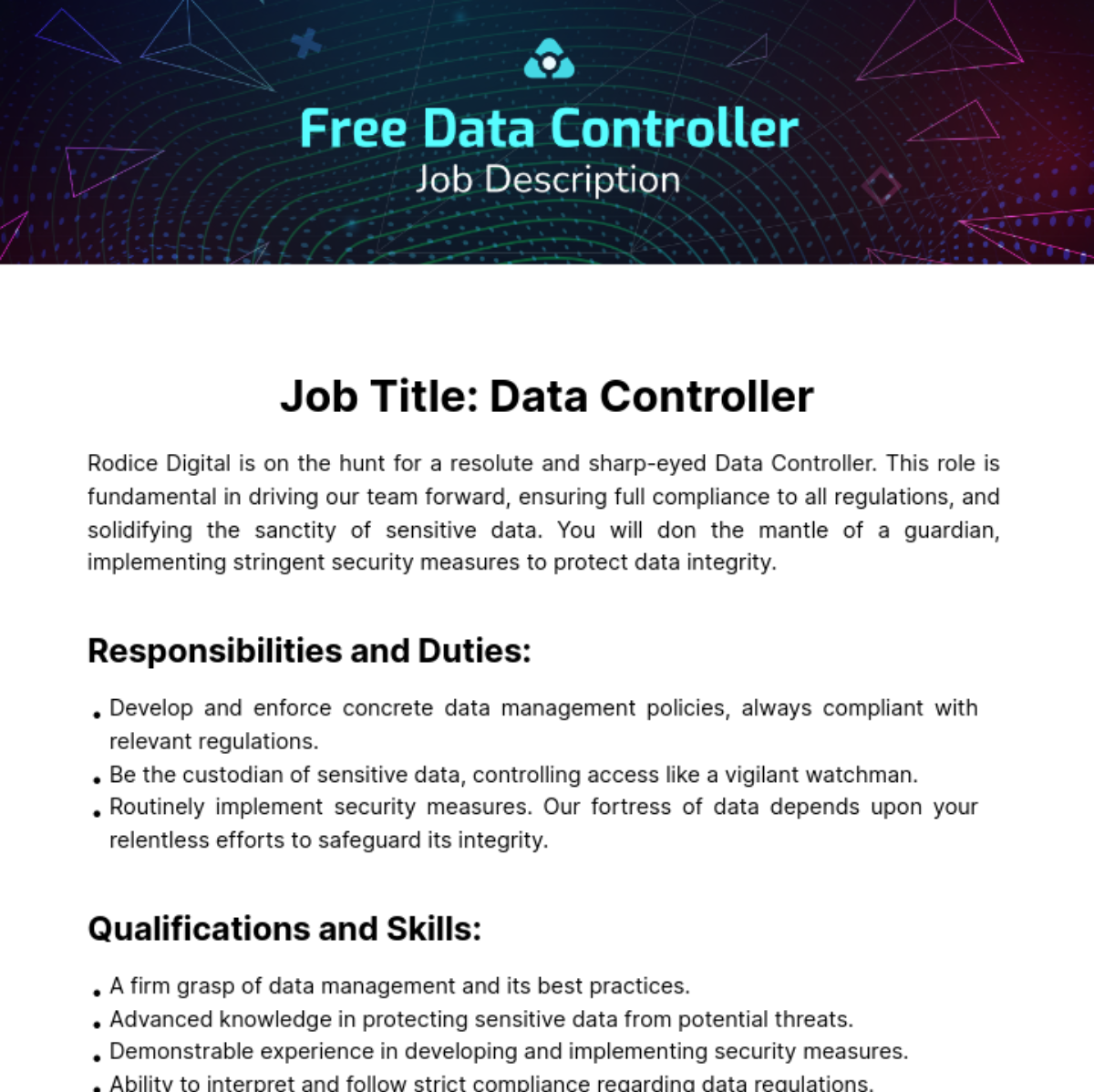 Free Data Controller Job Description Template