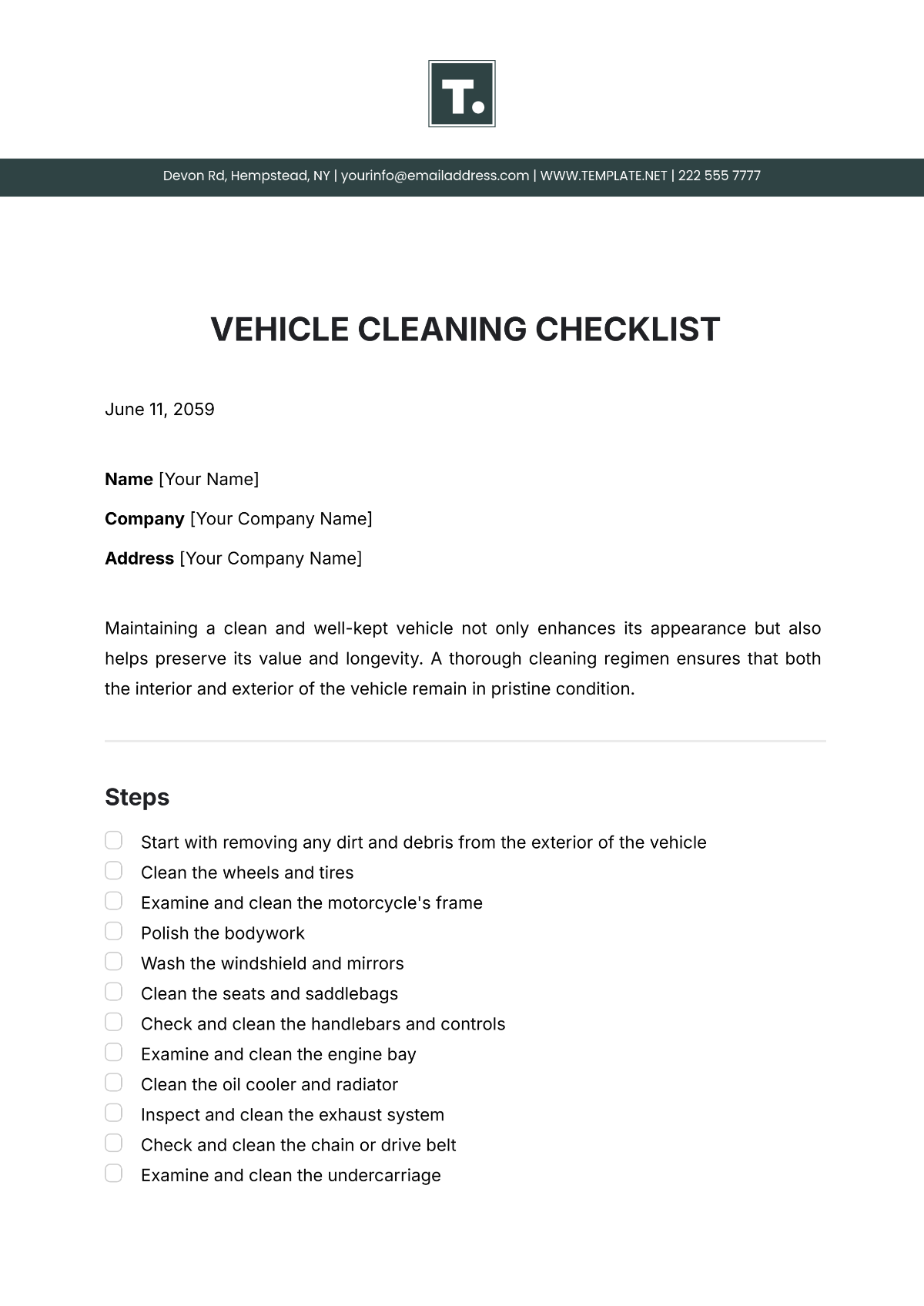 Vehicle Cleaning Checklist Template - Edit Online & Download