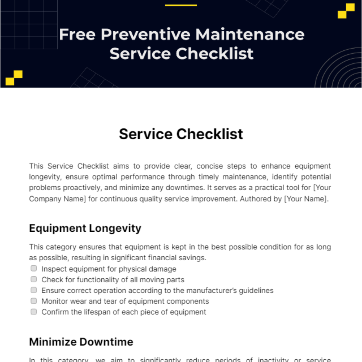 Preventive Maintenance Service Checklist Template