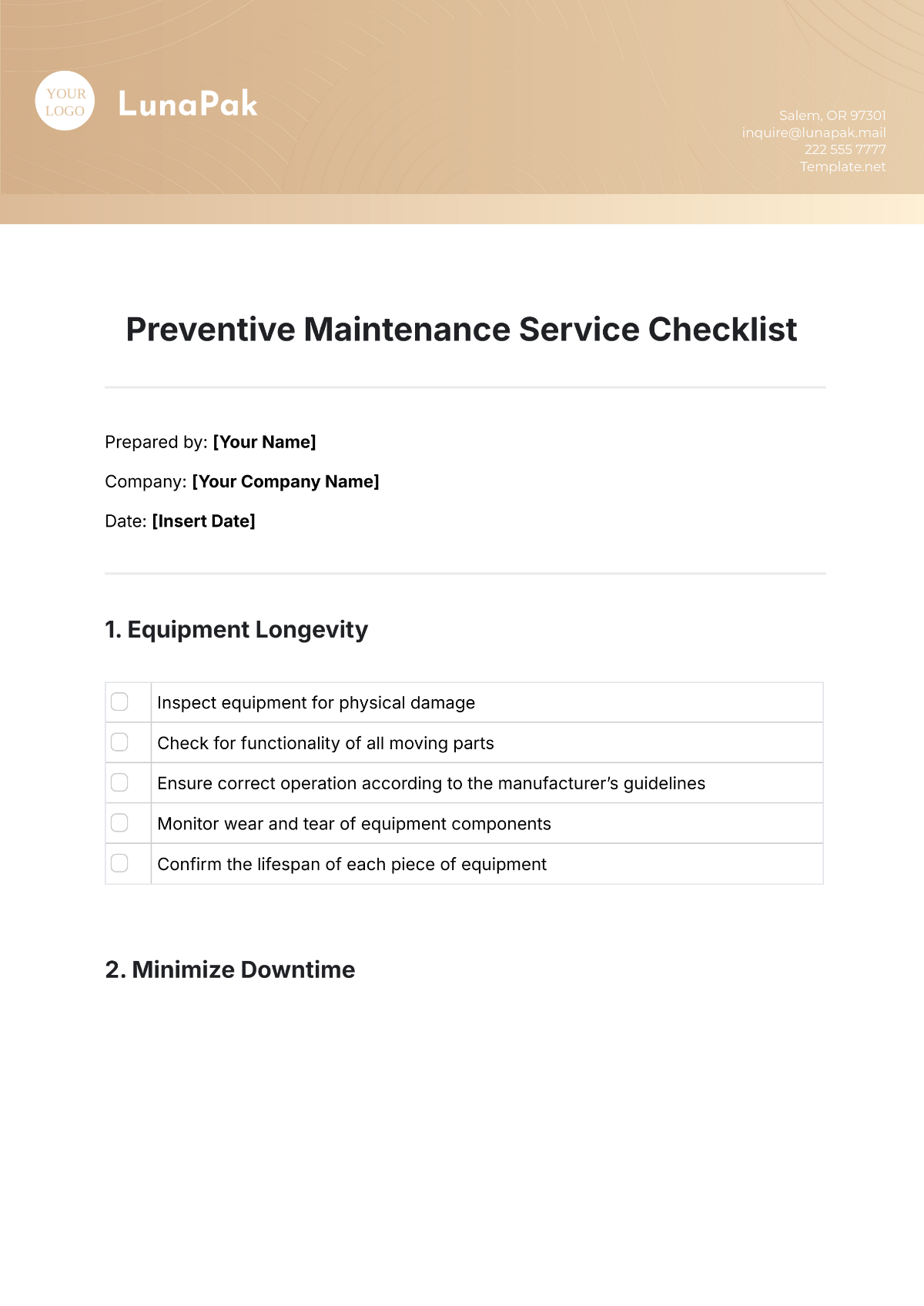 Preventive Maintenance Service Checklist Template - Edit Online & Download