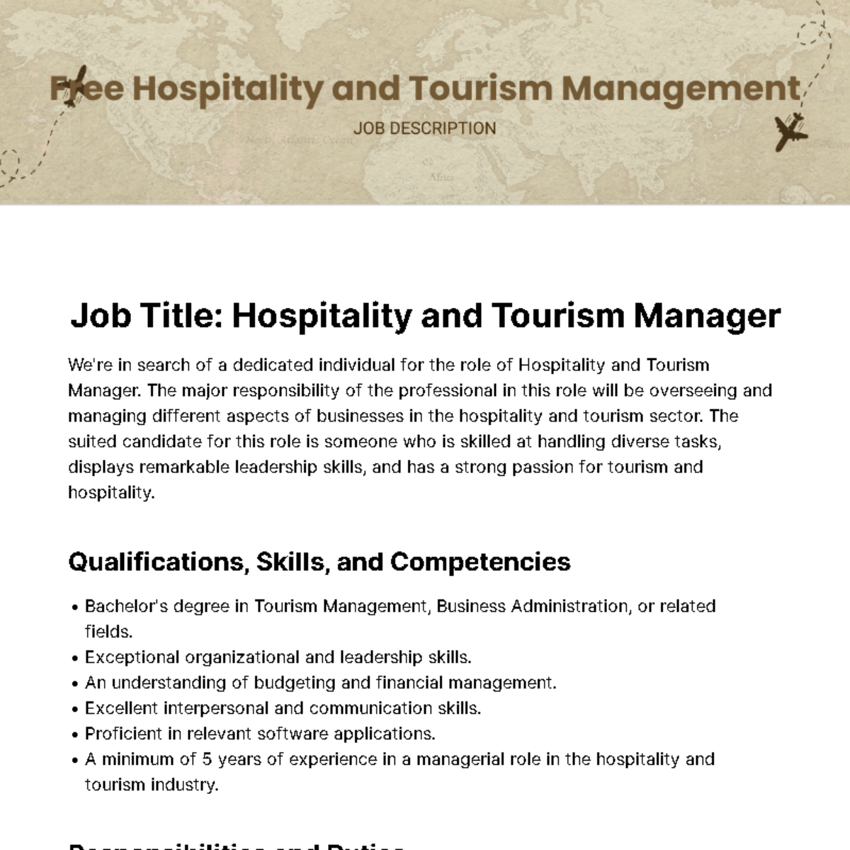 Free Hospitality and Tourism Management Job Description Template