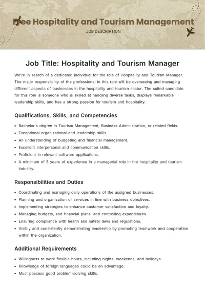 Free Hospitality and Tourism Management Job Description Template to Edit Online