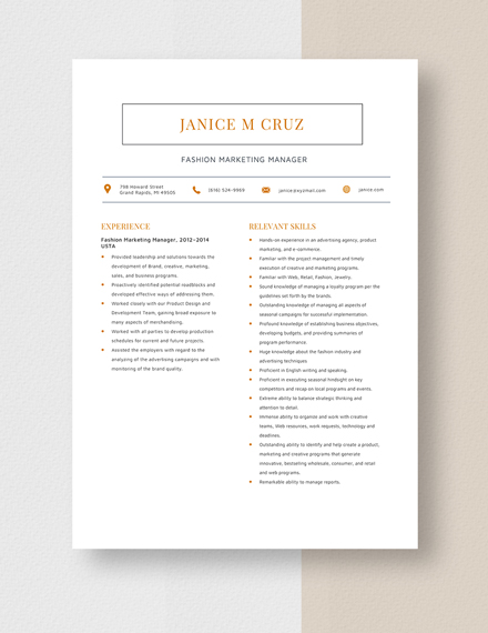 Fashion Marketing Manager Resume Template
