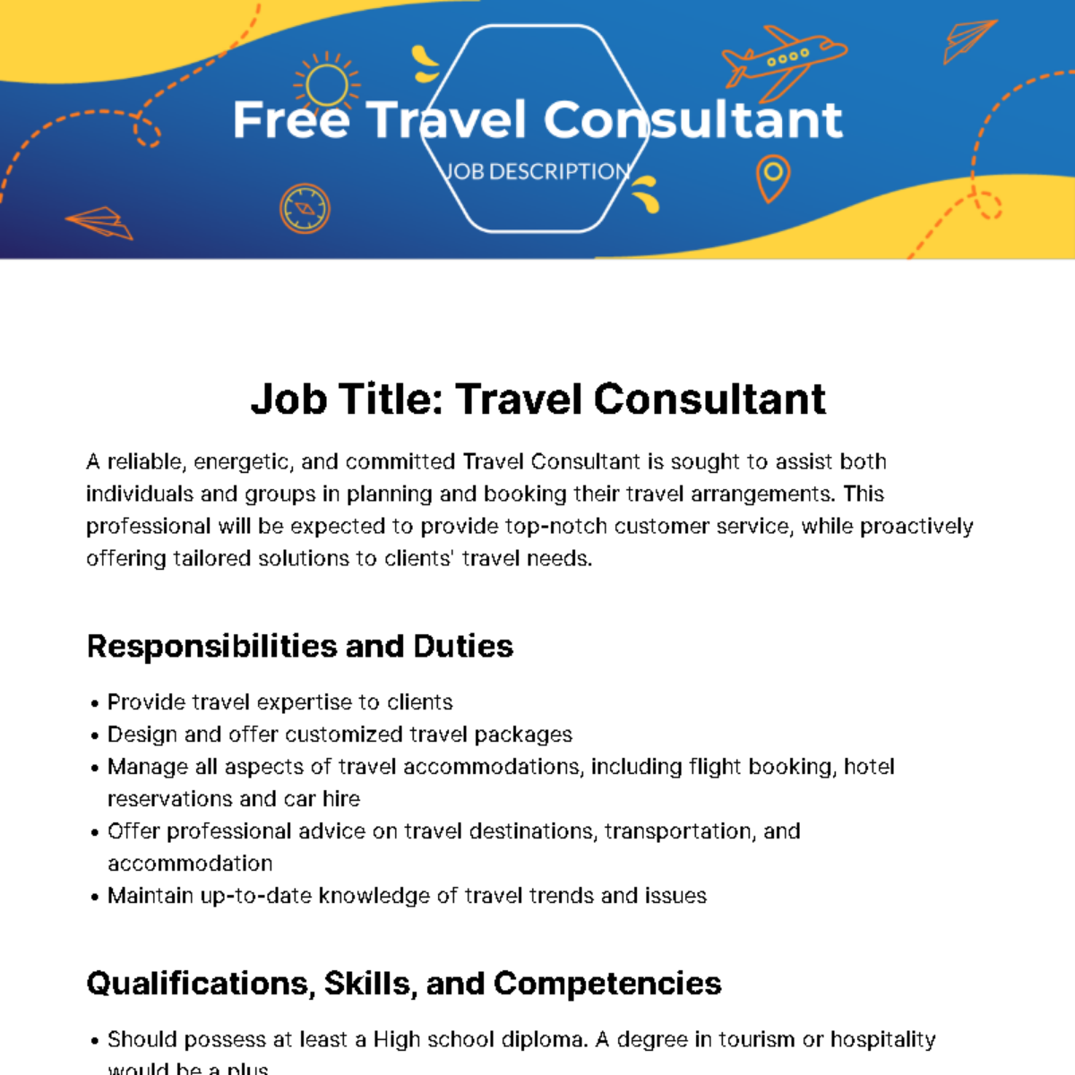 travel and tourism consultant job description