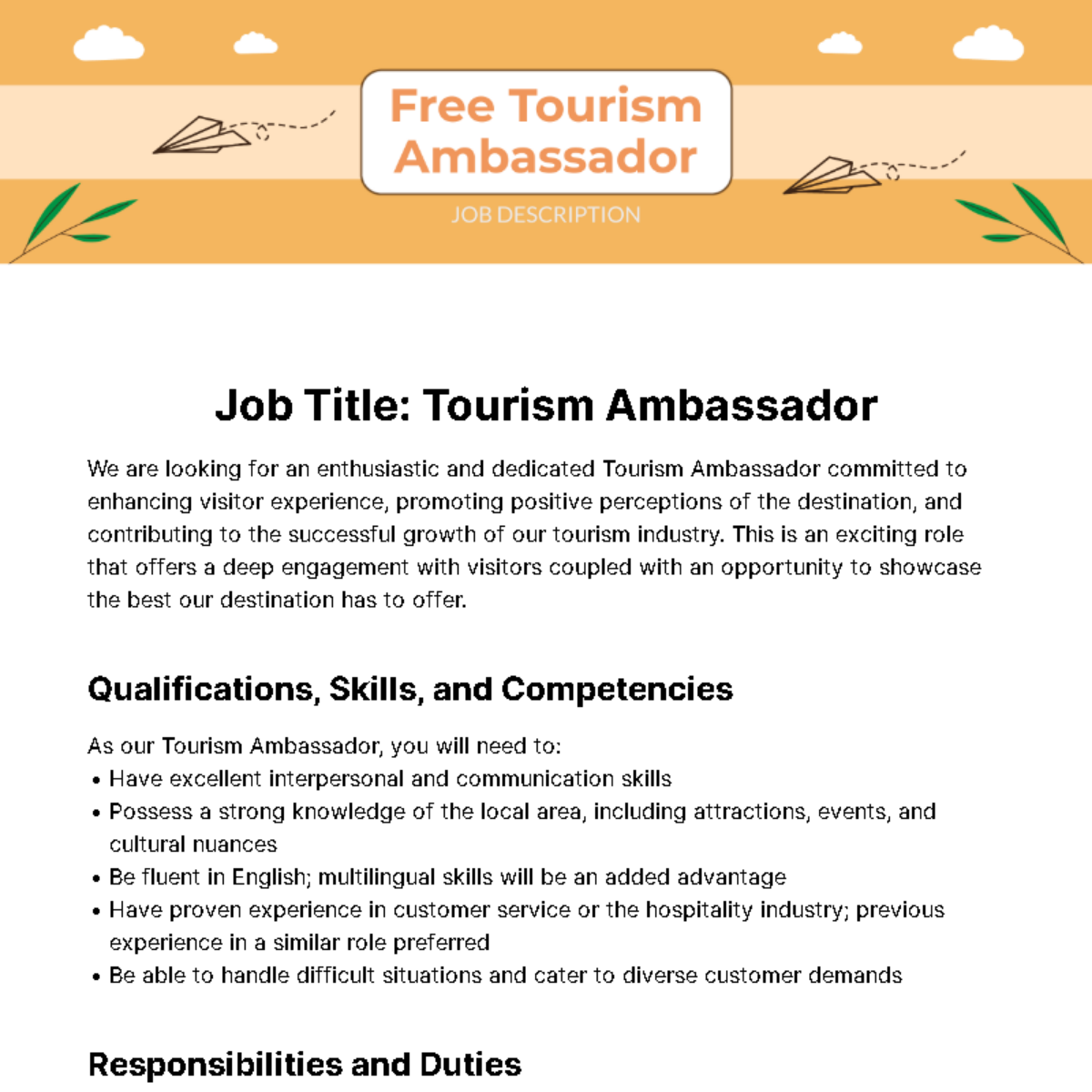 Free Tourism Ambassador Job Description Template