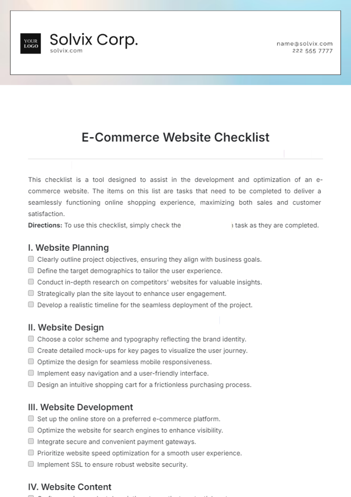 E-Commerce Website Checklist Template