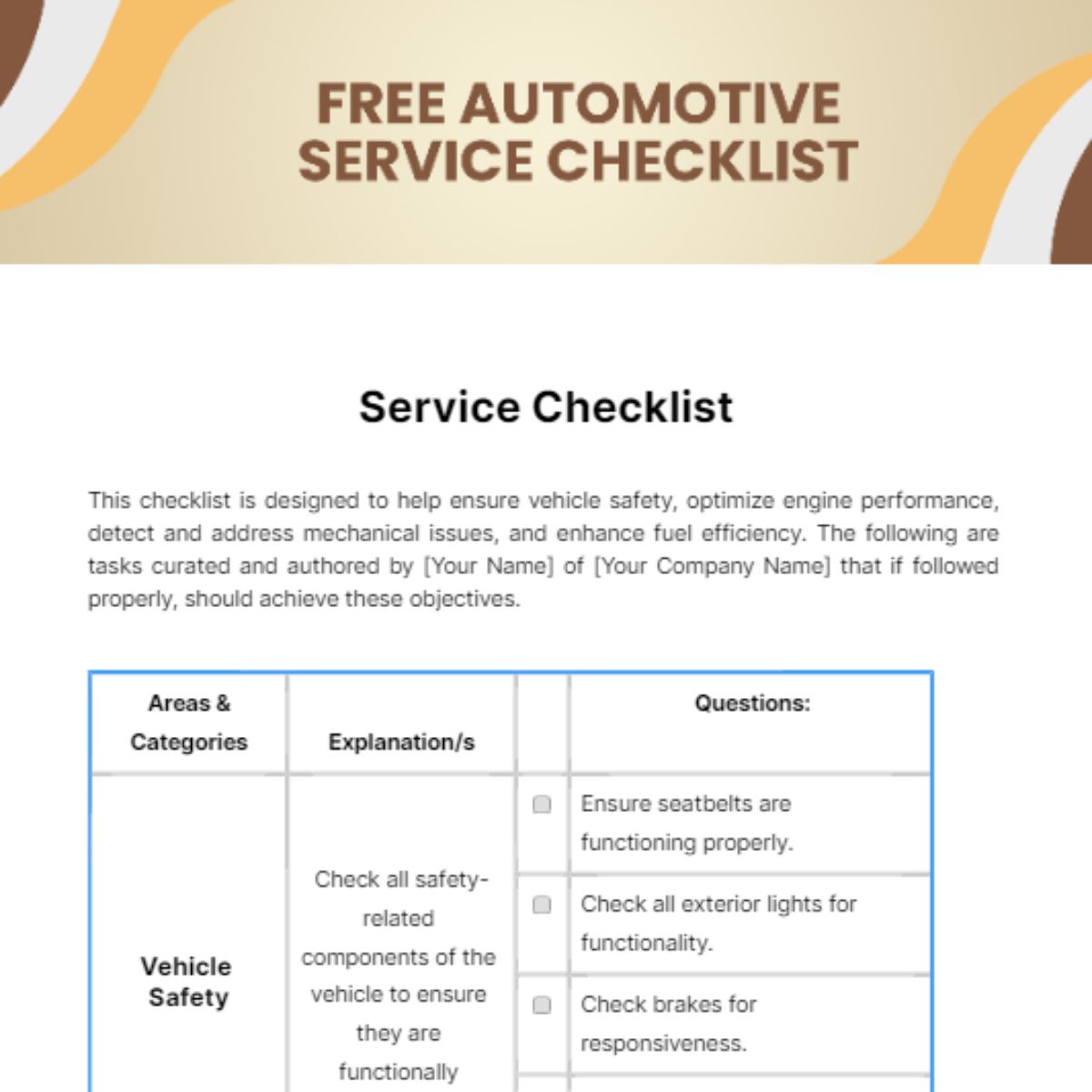 Free Automotive Service Checklist Template