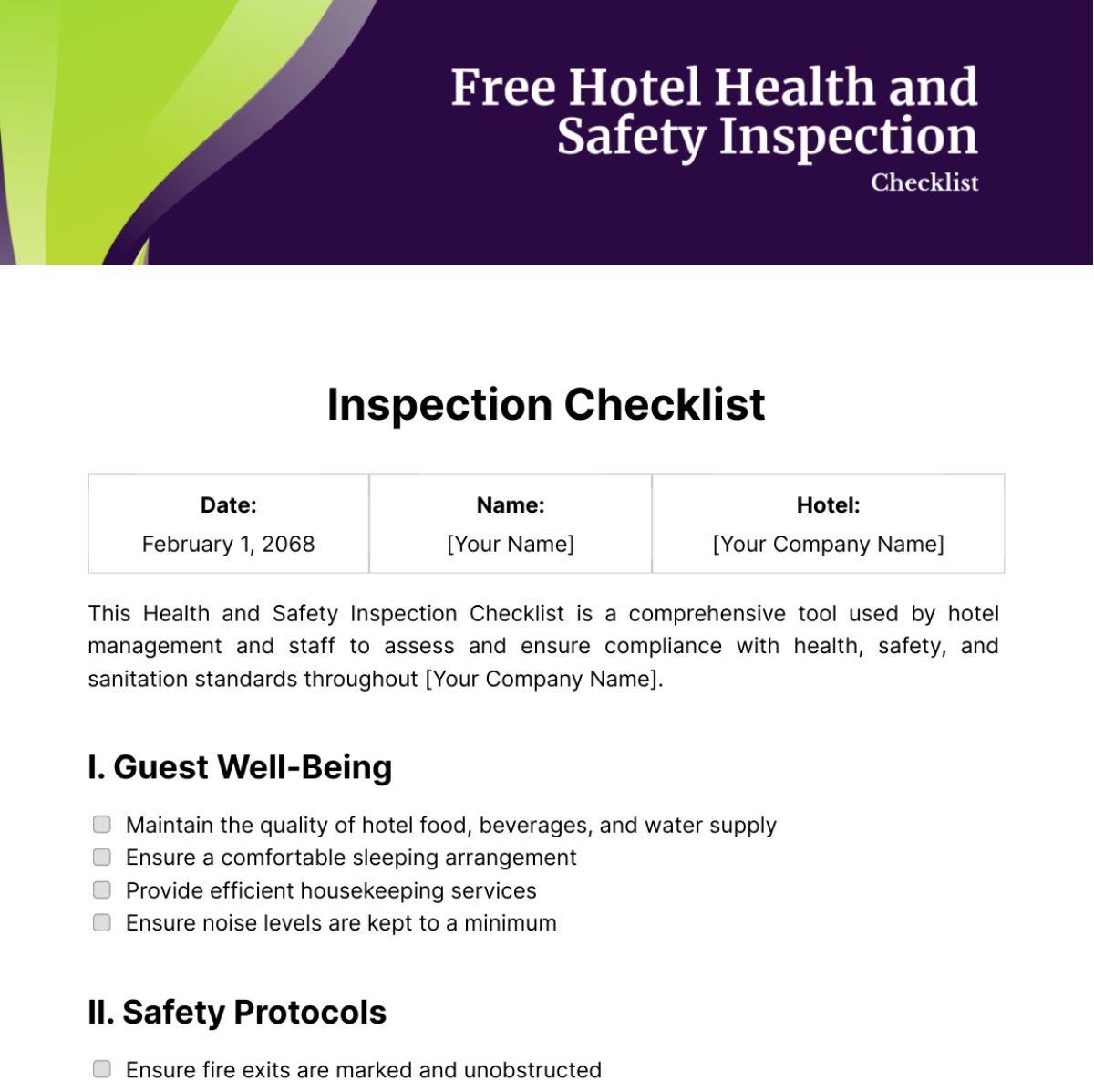 Hotel Health and Safety Inspection Checklist Template