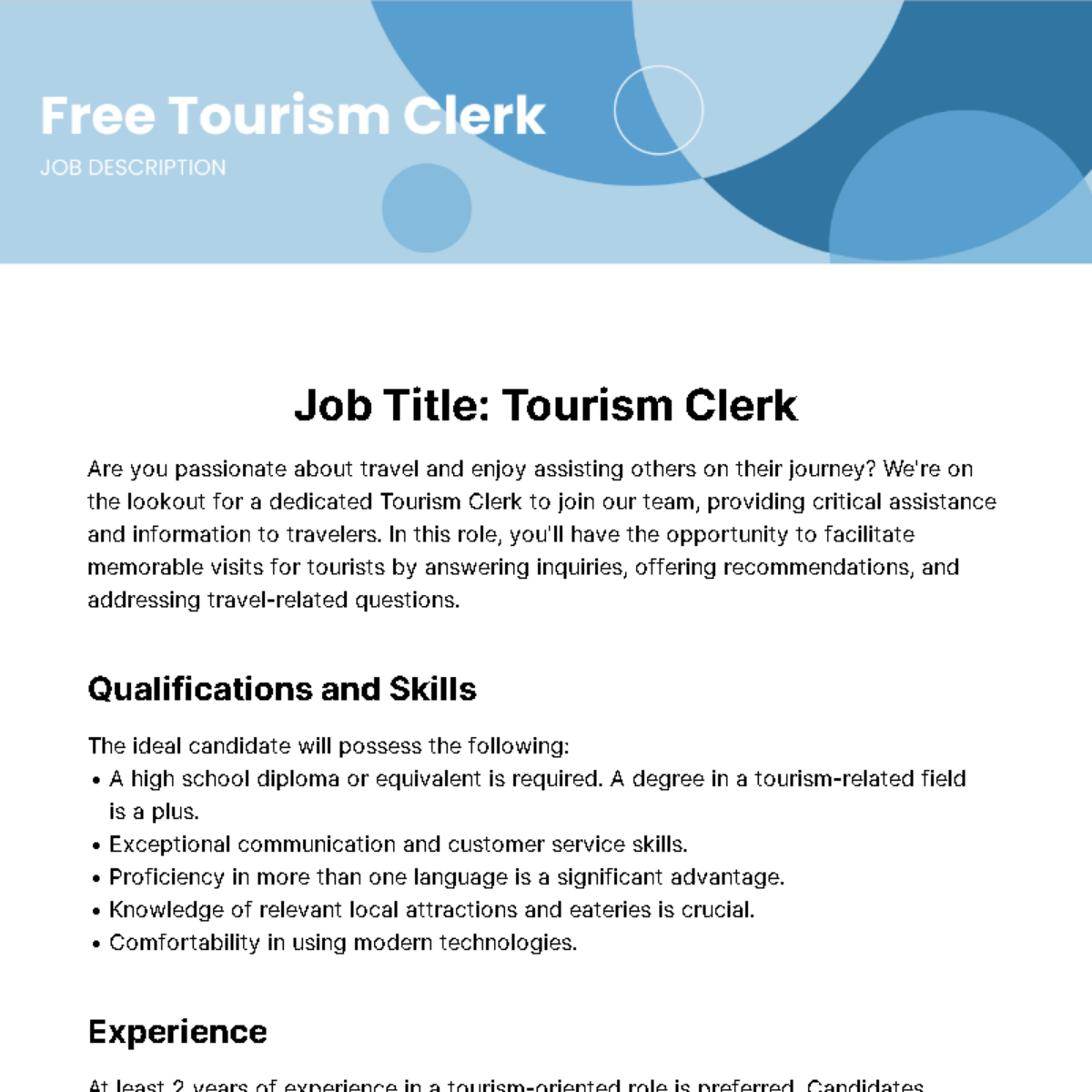 Tourism Clerk Job Description Template