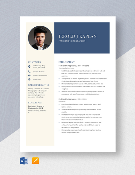 Fashion Photographer Resume Template - Word, Apple Pages