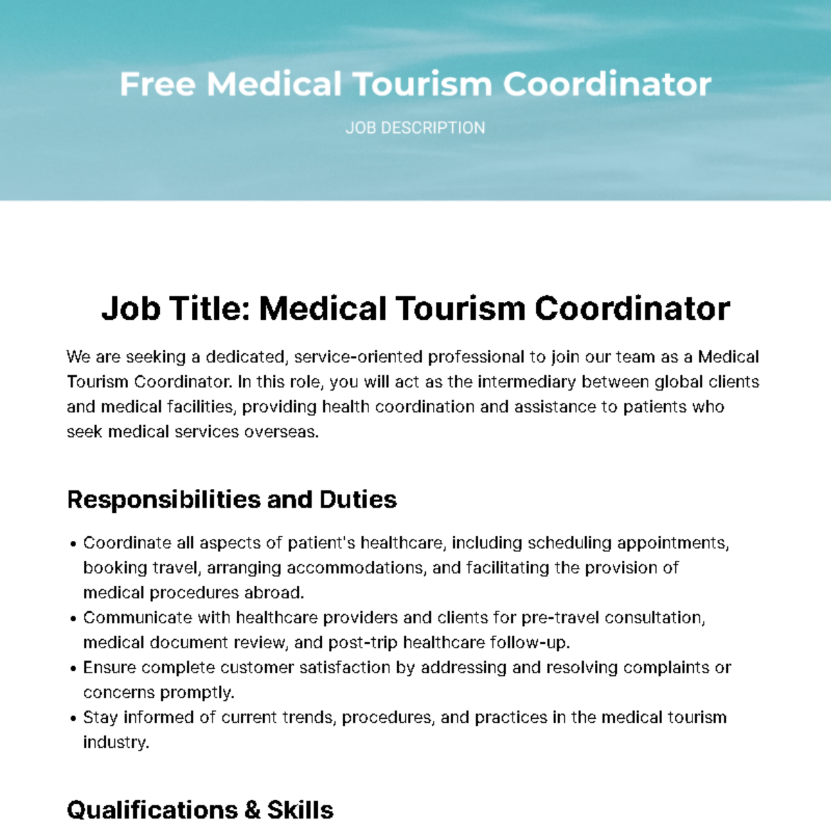 Free Medical Tourism Coordinator Job Description Template