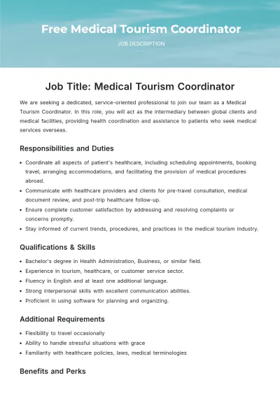 Free Medical Tourism Coordinator Job Description Template to Edit Online