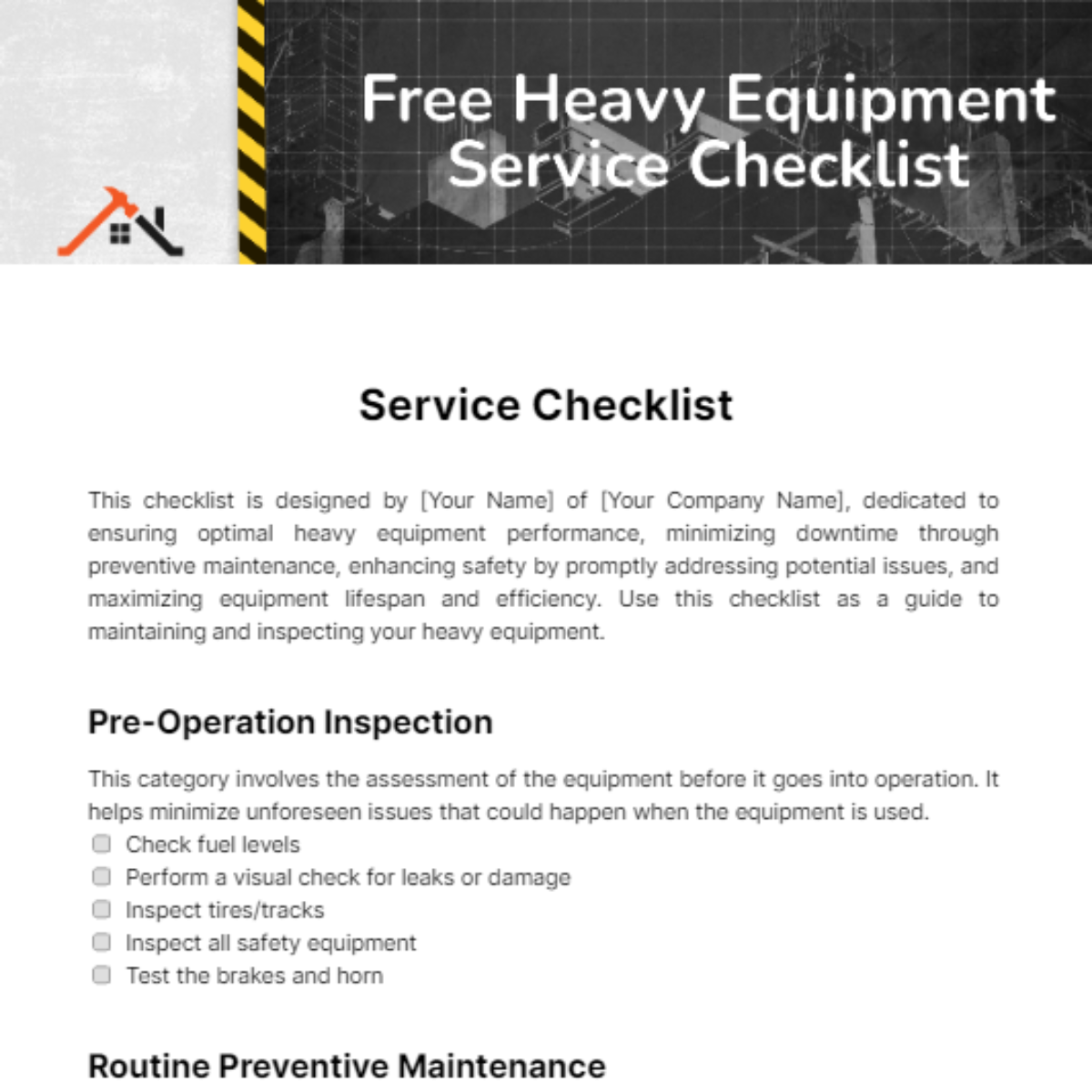 Heavy Equipment Service Checklist Template