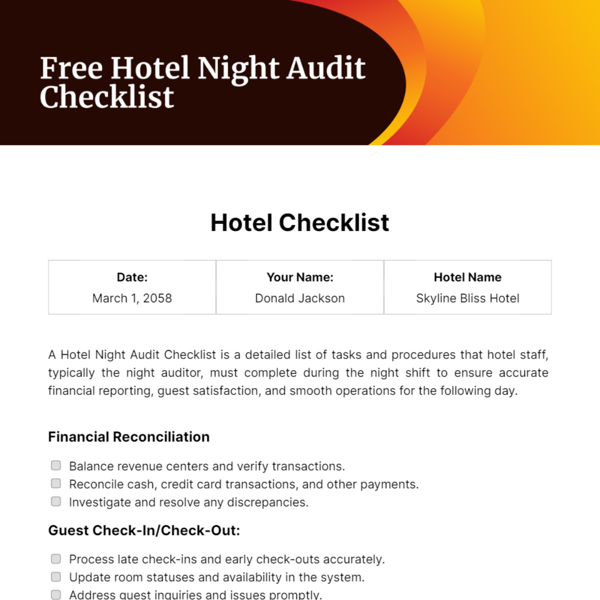 Free Hotel Night Audit Checklist Template 