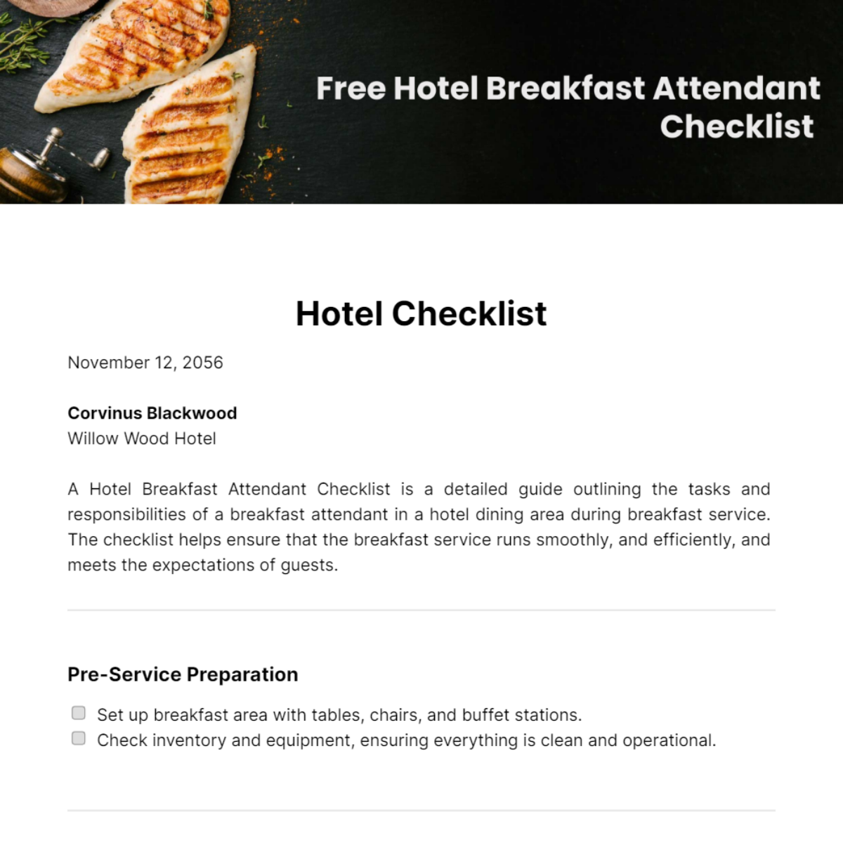 Free Hotel Breakfast Attendant Checklist Template 