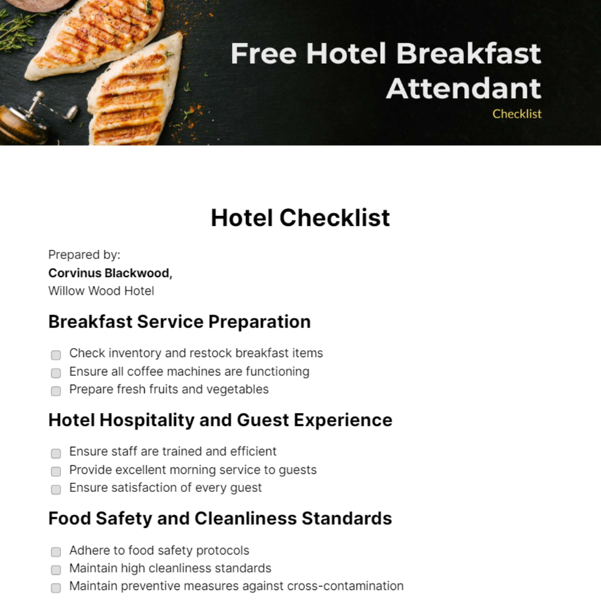 hotel breakfast attendant checklist